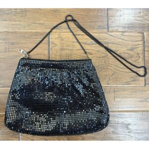 Vintage Metal Mesh Purse Black Corded Crossbody Sholder Bag Evening Event‎ Party